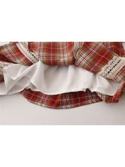 Lizakosht Classic Retro Plaid Design Women New Suspender Lace Patchwork Pleated Shirt Female Tie Up Baggy Blouses Vintage Cozy Soft Chic