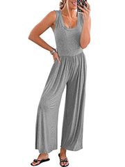 Lizakosht Elegant Woman Jumpsuits Women Casual Loose jumpsuti Sleeveless Tank Jumpsuits High Waist Low Cut Casual O Neck Flare Long