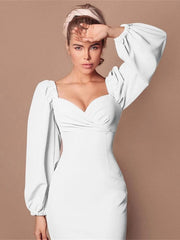 Elegant Evening Party Long Dress Women Long Lantern Sleeve V Neck French Slim Dresses Spring Summer Solid Streetwear Sexy Dress