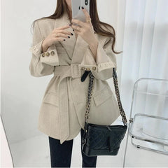 Lizakosht Korean Version of Chic Temperament Herringbone Pattern Bandage Waist Was Thinner Quilted Thick Suit Woolen Jacket Women New