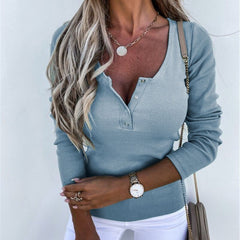 Lizakosht Autumn And Winter Women Solid Pullover Long Sleeve Slim Button T-shirt Top