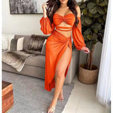 Lizakosht Women Solid Suit Women Sexy High Waist Slit Irregular Skirt Lantern Sleeve Strapless Bandage Off-Shoulder Vest Two-Piece Suit