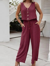 Lizakosht Women Solid V Neck Sleeveless Outfits Summer Casual Cotton Linen Button 2pc Fashion Vest Top And Drawstring Straight Pant Suits