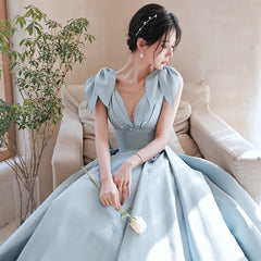 Elegant Blue Evening Dress French Backless Temperament V-Neck Empire Slim Graduation Birthday Party Gonws