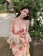 Lizakosht French Vintage Strap Dress Women Sweet Elegant Sleeveless Sexy Floral Dress Female Casual V-neck Beach Party Dress Summer 2021