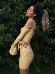Lizakosht Fashion Flare Sleeve Sexy Cut Out Ruched Dress Outfits Women Party Club Summer Mesh Sheer Dresses Bodycon Clothes