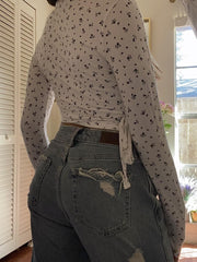 Lizakosht Chic Floral Print Slim Wrap Crop Top Women Spring Sexy V Neck Lace-up Long Sleeve T Shirt Female Vintage Casual Tops Y2k