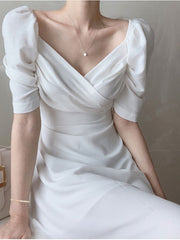 Summer Women Korean Style Chic Sweet Puff Sleeve Dress Female Lace Up Elegant Clothes