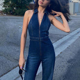 Lizakosht Sexy Slim Denim Romper Women's Jumpsuit 2021 Autumn Halter Straight High Waist Jumpsuits Female Elegant Lady Party Club Rompers
