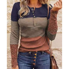 Lizakosht Autumn Winter Colorblock Contrast Lace Long Sleeve Top Round Neck Long Sleeve Pullover Tops Women Casual Daily Wear Clothes
