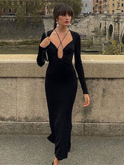 High Quality Elegant Backless Maxi Dresses For Women French Long Sleeve Solid Evening Party Dress 2022 Summer Streetwear Dress