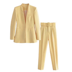 Lizakosht Women Two-piece Set Solid Vintage slim Office Lady Hidden Breasted Blazer Female vintage High Waist Pants Suits