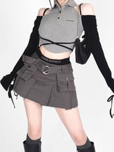 Lizakosht Denim Cargo Skirt Women Vintage High Waist Pocket Belt Pleated Mini Skirt Sexy Fake Two-piece Patchwork Streetwear Y2k