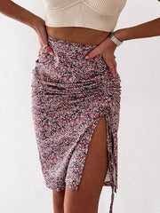 Lizakosht Spring High Waist Skirts Floral Print Drawstring Women Split Midi Skirt Female Casual Boho Bodycon Skirts