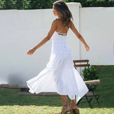 Lizakosht Elegant Spaghetti Strap A-Line White Summer Dresses For Women Sexy Backless Lace Up Holiday Bech Midi Dress Vestidos