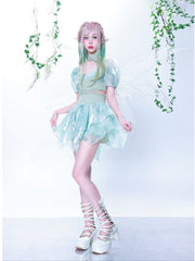 Lizakosht New Original Summer Hot Girl Sexy Gothic Fashion Temperament Harajuku Punk Green Tie Dyed Bubble Sleeve Bandage Top Suit