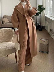 Lizakosht Women Woolen Coat Winter Lantern Sleeve Long Jackets Lapel Double-Breast Coat Office Lady Outerwear Windbreaker Thick Streetwear