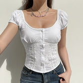 White Sexy Lace Women's T-Shirt Top Fashion Puff Sleeve Cardigan Shirt Slim Casual Short Sleeve Ladies Blouse Spring New