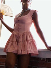 Lizakosht PINK SATIN ROMPER DRESS Women new buttons off shoulder ruffle dress 2022 summer party dress vintage laides dress