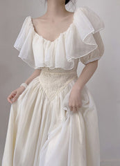 Summer Romantic Fairy Dress Woman Chic Vintage Lace Puff Sleeve Ruffles V-Neck Soft Princess Dresses Party Night Vestido Festa