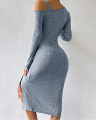 Lizakosht Grey Off The Shoulder Dresses For Womens Spring Summer New Long Sleeve Drawstring Pleated Dress Bodycon Clubwear