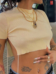 Lizakosht Casual Sexy Women Slit Hem Short Tees Summer Street Style Wear Fashion Solid Short Sleeve Round Neck Rib Slim Mini T-shirts