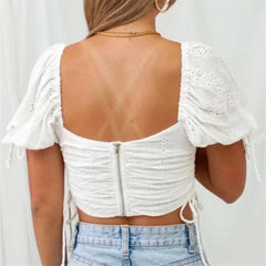 Elegant white lace top short sleeve korean fashion blouses for women 2022 Summer backless top ruched puff sleeve top cotton