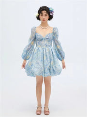 Lizakosht Backless Van Gogh Starry Dress New Bandage Design Small Sexy Long Sleeve Irregular Bubble Holiday Skirt