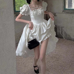 Vintage Lolita Dress Women Irregular High Low Ruffle Patchwork Square Collar Puff Sleeve Solid Elegant Princess Dress
