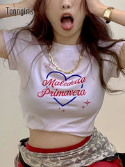 Lizakosht Print Heart T Shirt Y2k Vintage Short Sleeve Grunge Crop Top Aesthetic Slim Skinny Letter Tee Shirt Femme Summer 2022