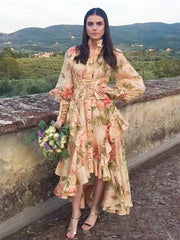 Lizakosht Designer's vintage print button-up long-sleeved dress Women's new fall fashion luxury loose peplum irregular pompadour dress