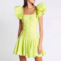 Lizakosht Vintage Square Neck Butterfly Sleeve Ruffle Mini Dress Summer Short Sleeve Puff Pleated Elegant Mini Dresses Party Club Beach