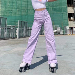 Lizakosht Vintage Women's Jeans High Waist Baggy Jeans Streetwear Light Purple Cargo Pants Denim Straight Trousers Casual Jeans