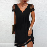 Lizakosht Women Elegant Dresses Summer V Neck Lace Short Sleeve Dress Sexy Printed Plus Size Female Dresses Black Party Dress Vestidos