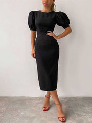 Lizakosht Women's dress summer nylon breathable round neck short sleeve temperament commuter tight high waist puff sleeve hip dress