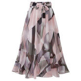 Lizakosht Women's Skirt Summer Fashion Printed Pleated Chiffon Skirt Women's Casual Lace-up High Waist Mid-Calf Skirt