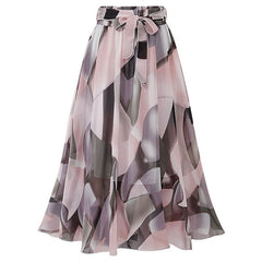 Lizakosht Women's Skirt Summer Fashion Printed Pleated Chiffon Skirt Women's Casual Lace-up High Waist Mid-Calf Skirt