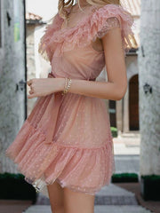 Lizakosht  Women Solid Ruffle Lace-up Sleeveless Dress Elegant V-Neck Lace Pleated A-Line Party Dress New Summer Vintage Chic Mini Dresses