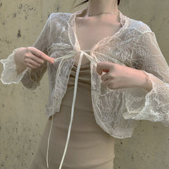 New Spring and Autumn Sunscreen Lace Shirt Cardigan T-shirt Fashion V-neck Sexy Lace Side Straps Slim Temperament Y2k Top