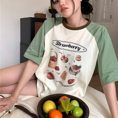 Lizakosht Color Block Raglan Sleeve Strawberry Cute T Shirts Loose Oversized Fashion Tops Summer Cotton Kawaii Tee Korean Harajuku Couples