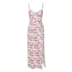 Lizakosht Sexy Slip Dress Summer Women Bodycon Elegant Floral Dress Mid-Calf Lace Patchwork Holiday Party Robe Sleeveless Split