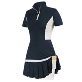 JS Women Mini Dress Tennis & Golf Contrast Color Sports Dress Fashion Summer New Short Sleeve Zipper Stand Collar Dress + Boxer