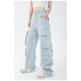 Lizakosht Women's Trendy High Street Baggy Cargo Jeans Straight Pants Tassel Wide Leg High Waist Denim Trouser Y2k Streetwear Harajuku