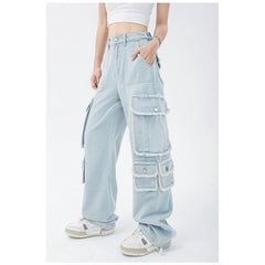 Lizakosht Women's Trendy High Street Baggy Cargo Jeans Straight Pants Tassel Wide Leg High Waist Denim Trouser Y2k Streetwear Harajuku