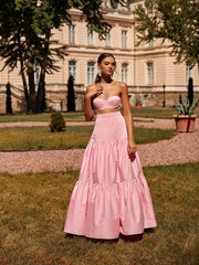 Summer Women'S One Word Collar Sleeveless Solid Color Sexy Open-back Short Top Street High Waist Skirt Pink Dress Two-piece Set