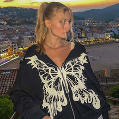 Lizakosht Butterfly Print Hooded Long Sleeve Graphic Sweatshirt Autumn Winter Oversized Streetwear Casual Grunge Clothes Y2K