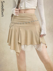 Lizakosht Lace Patchwork Irregular Y2K Pleated Skirts Woman Ruched Low Waist Cute Kawaii Clothes Khaki Vintage Preppy Mini Skirt