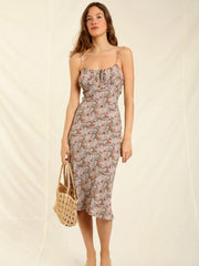 Lizakosht Women Dress Spring and Summer New Products 100% Viscose Printed Lace-up Suspender Dress Women Slim Mid-length Dress