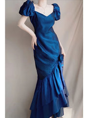 Lizakosht Women Floral Midi Dress Sexy V-Neck Hem Split Ruffles Vintage Evening Party Dresses Women Puff Sleeve Casual Dress Fashion New