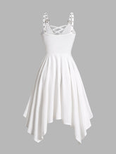 Lizakosht New Asymmetrical Hem Dress Lace Panel Empire Waist Lace Up Grommet Adjustable Strap Midi Dress
